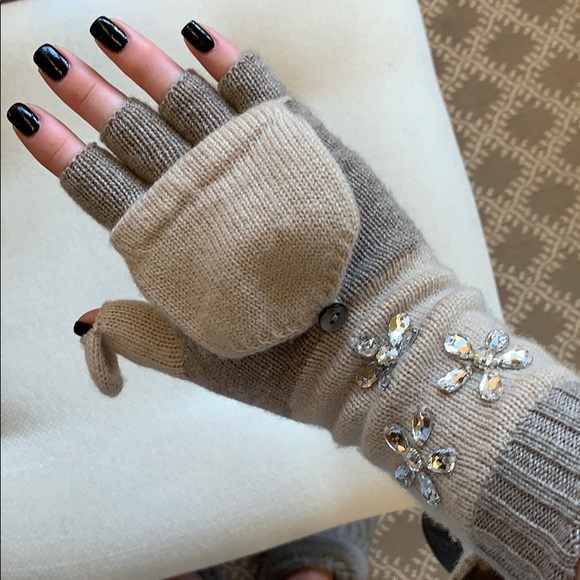 Cream Embellished Cashmere Gloves - Picture 2 of 4